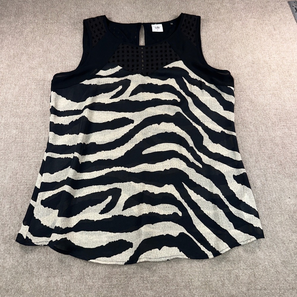 Cabi Zebra Print Mesh Yoke Sleeveless Blouse Black White Keyhole Back Medium